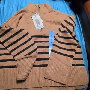 DKNY Quarter Zip Turtle Neck Sweater Large Brown Stripe NWT